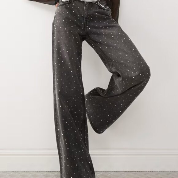 ASOS W28 Monki Paz mid waist loose wide leg embellished jeans in black - Picture 1 of 8